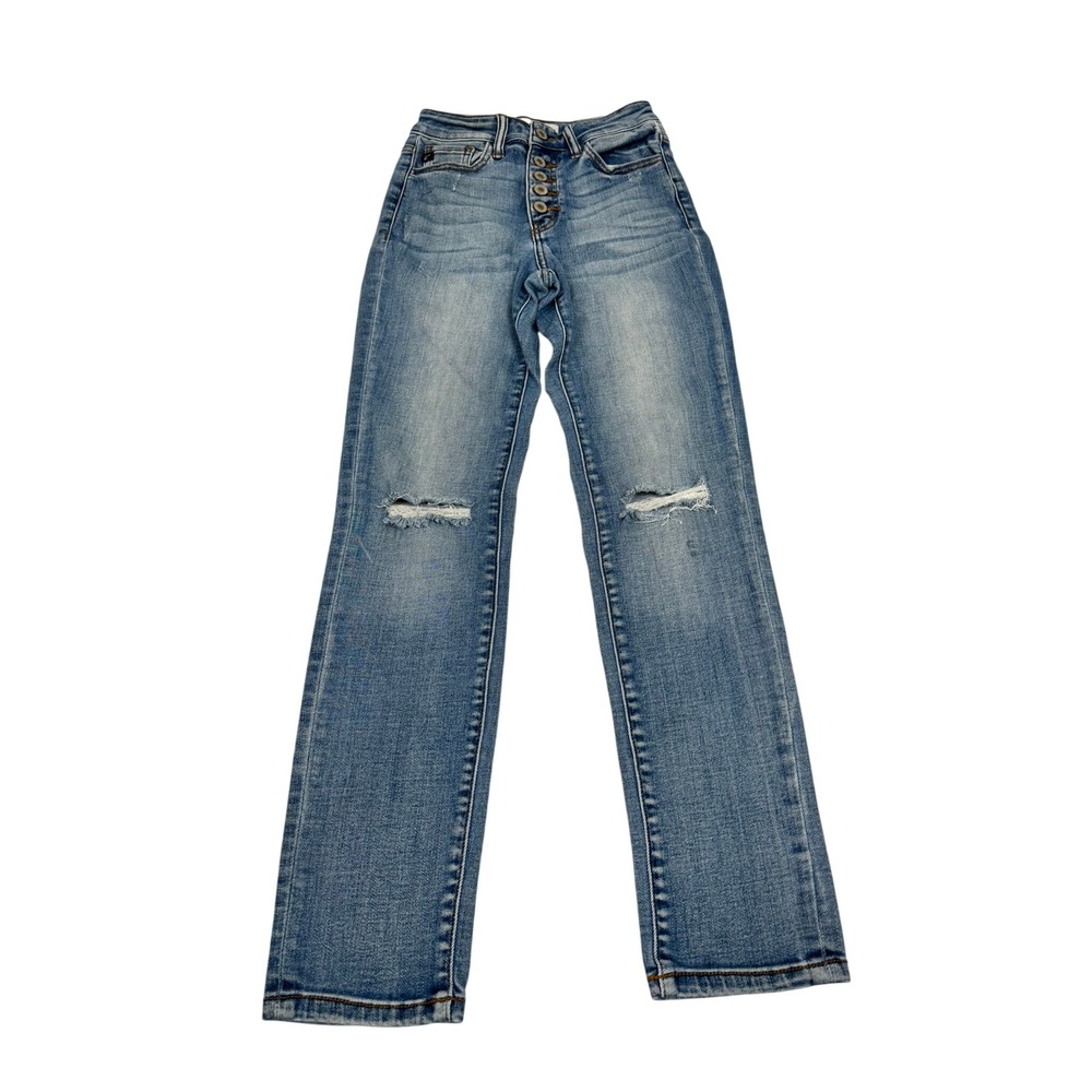 KanCan Womens High Rise Straight Leg Distressed Button Fly Jeans Medium Wash